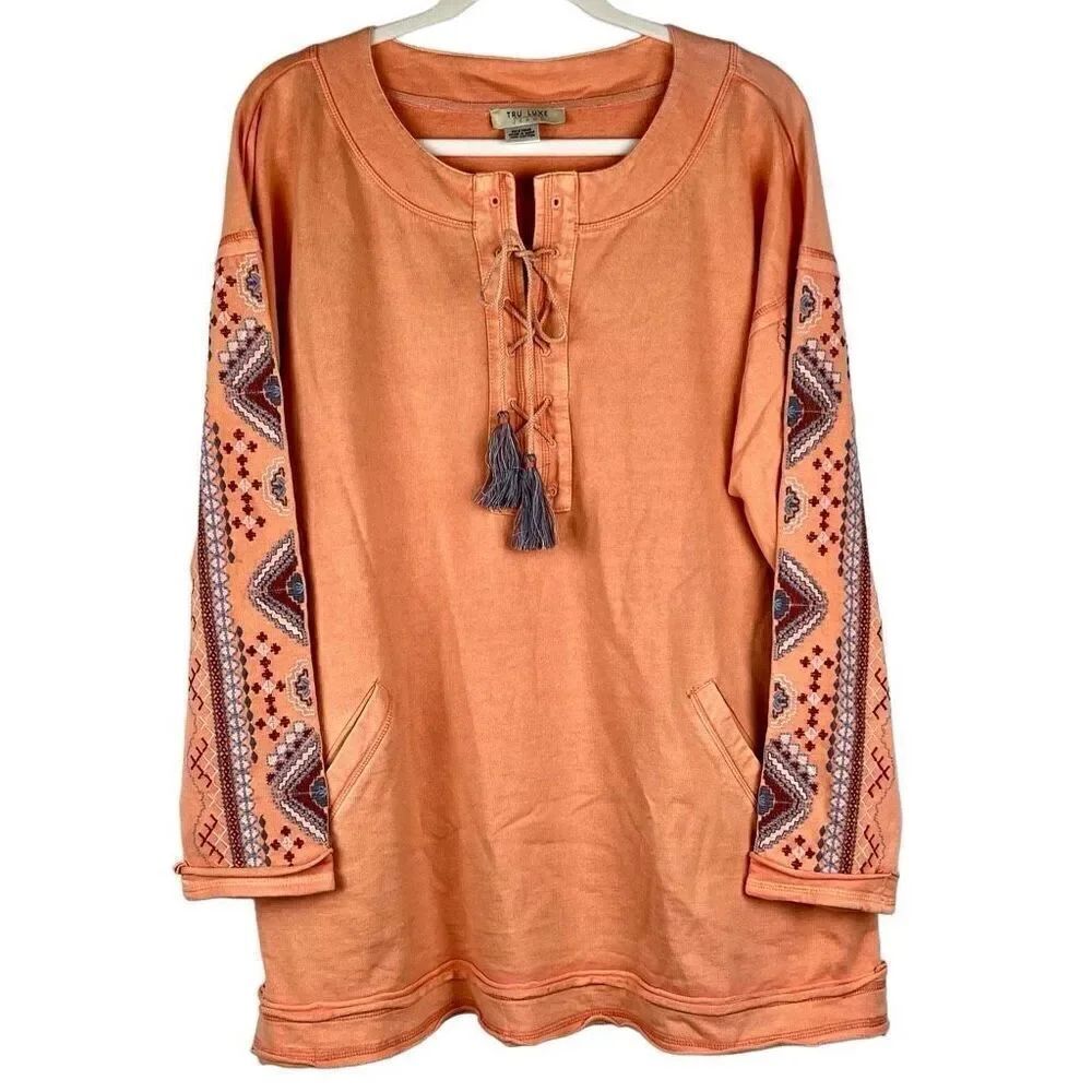 Tru Luxe Jeans Peach Long Sleeve Embroidered Top XL